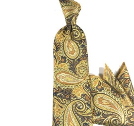 Sarı Turuncu Lacivert Özel Şal Desenli Mendilli Kravat 28306