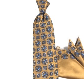 Altın Hardal Sarı Mavi Lacivert Özel Dokuma Özel Desenli Mendilli Kravat 28507